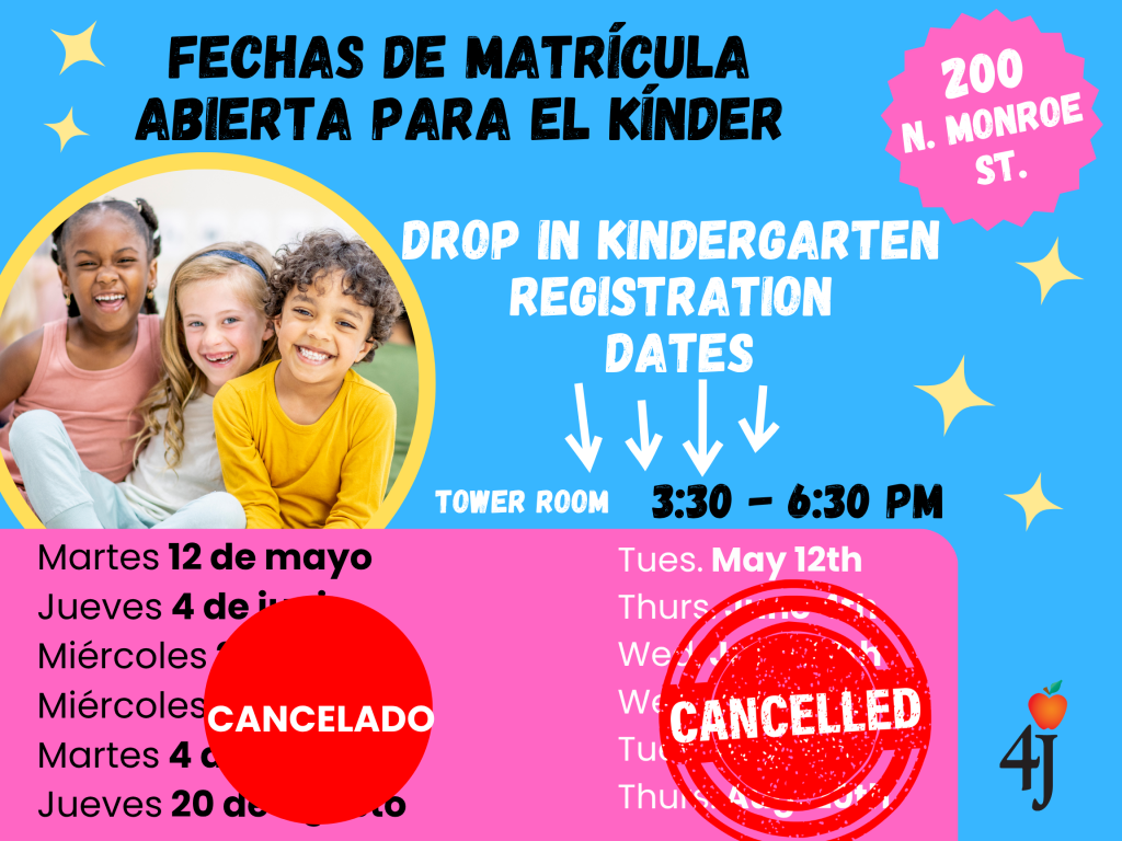 The drop-in kindergarten registration dates are canceled (June 24, July 15, August 4, August 20).